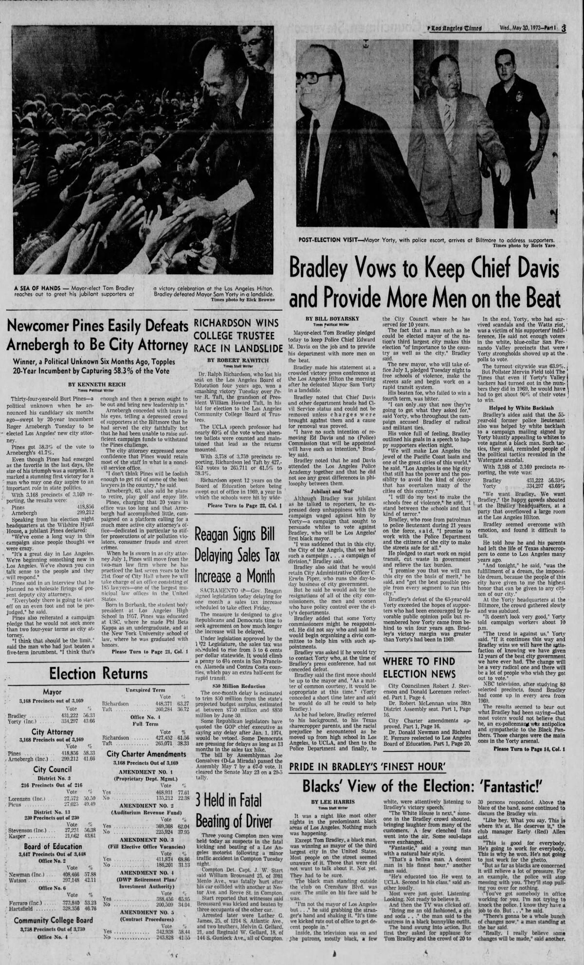 Page 3 of the May 29, 1973 edition of the Los Angeles Times, depicting Tom Bradley's historic mayoral win
