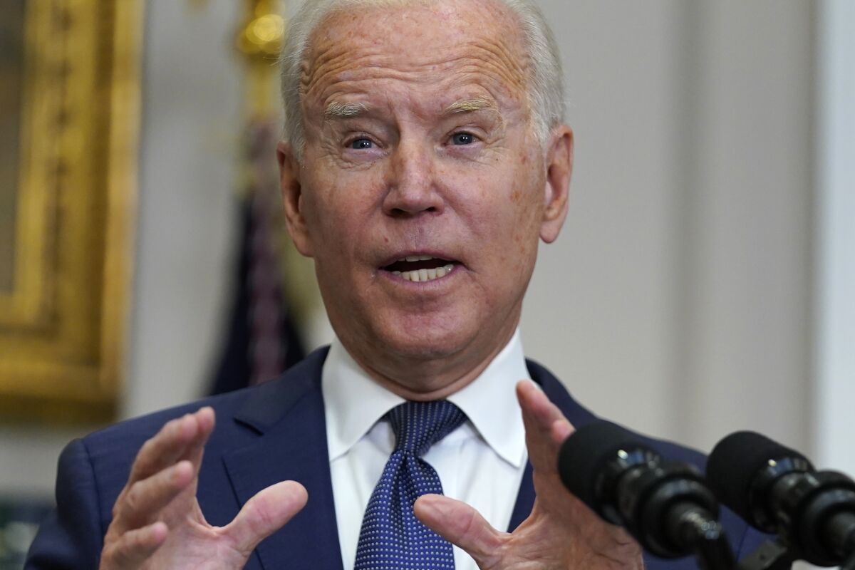 President Joe Biden speaks about the situation in Afghanistan in the Roosevelt Room of the White House, Sunday, Aug. 22, 2021, in Washington. (AP Photo/Manuel Balce Ceneta)