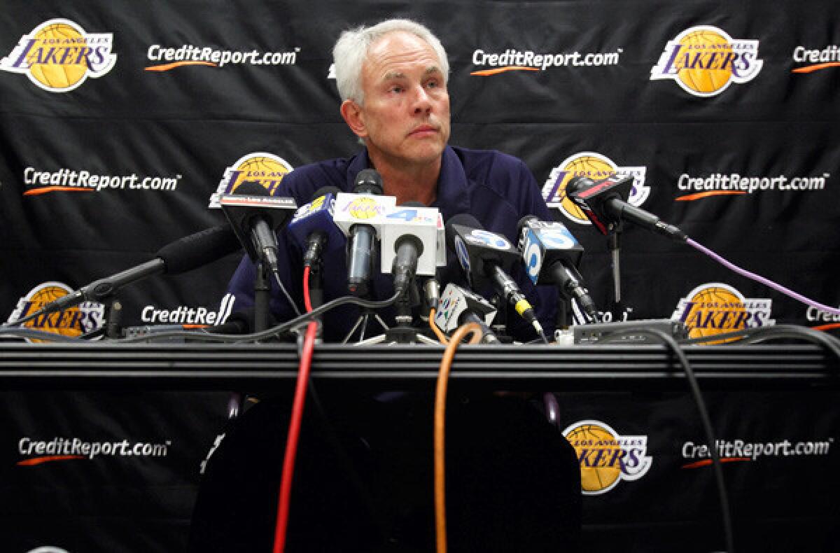 General Manager Mitch Kupchak announces the trade of Derek Fisher last winter. He continued to revamp the team, which has struggled to a 1-4 start this season.