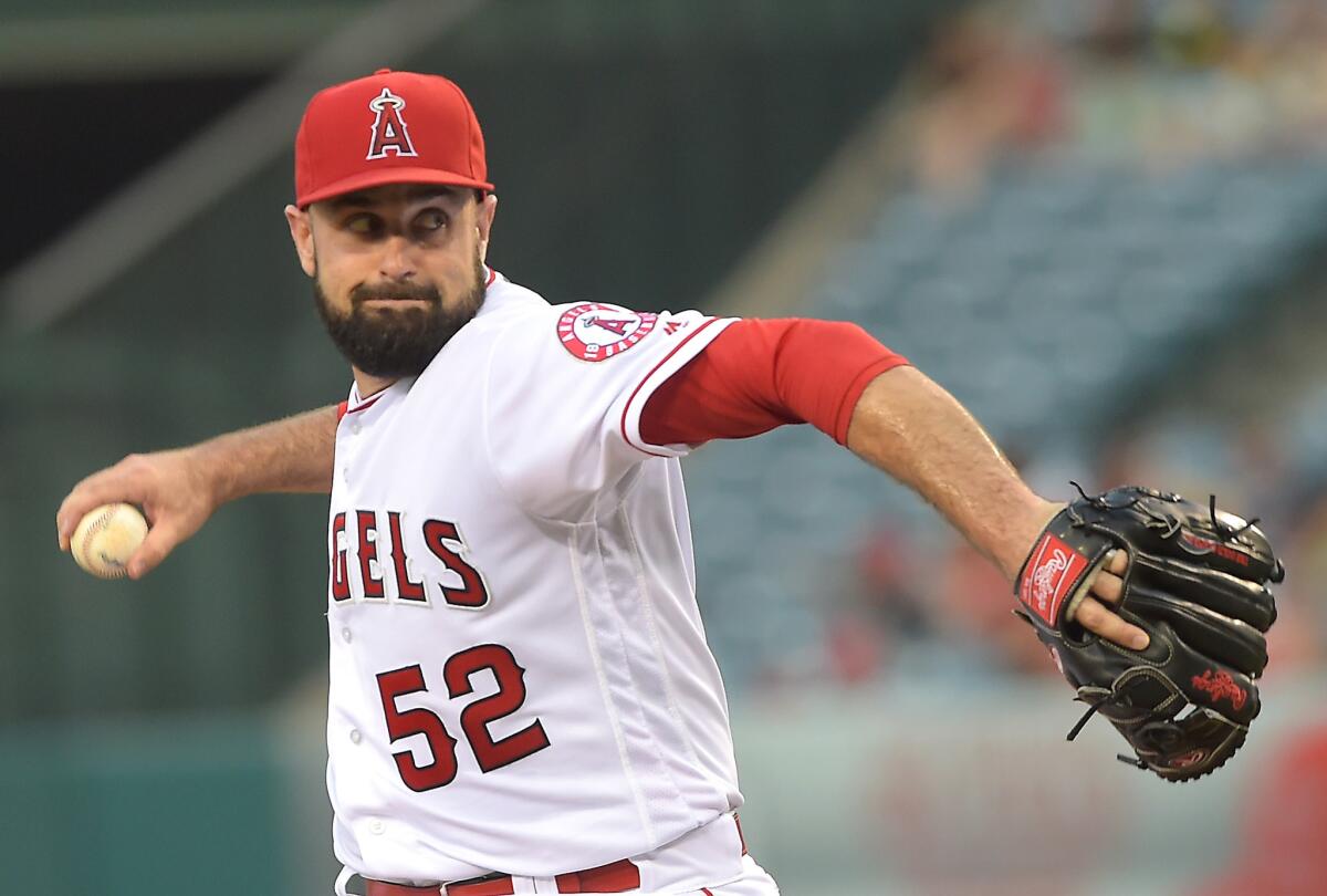 Angels pitcher Matt Shoemaker (52) delivers in the first inning against the Astros on June 27.