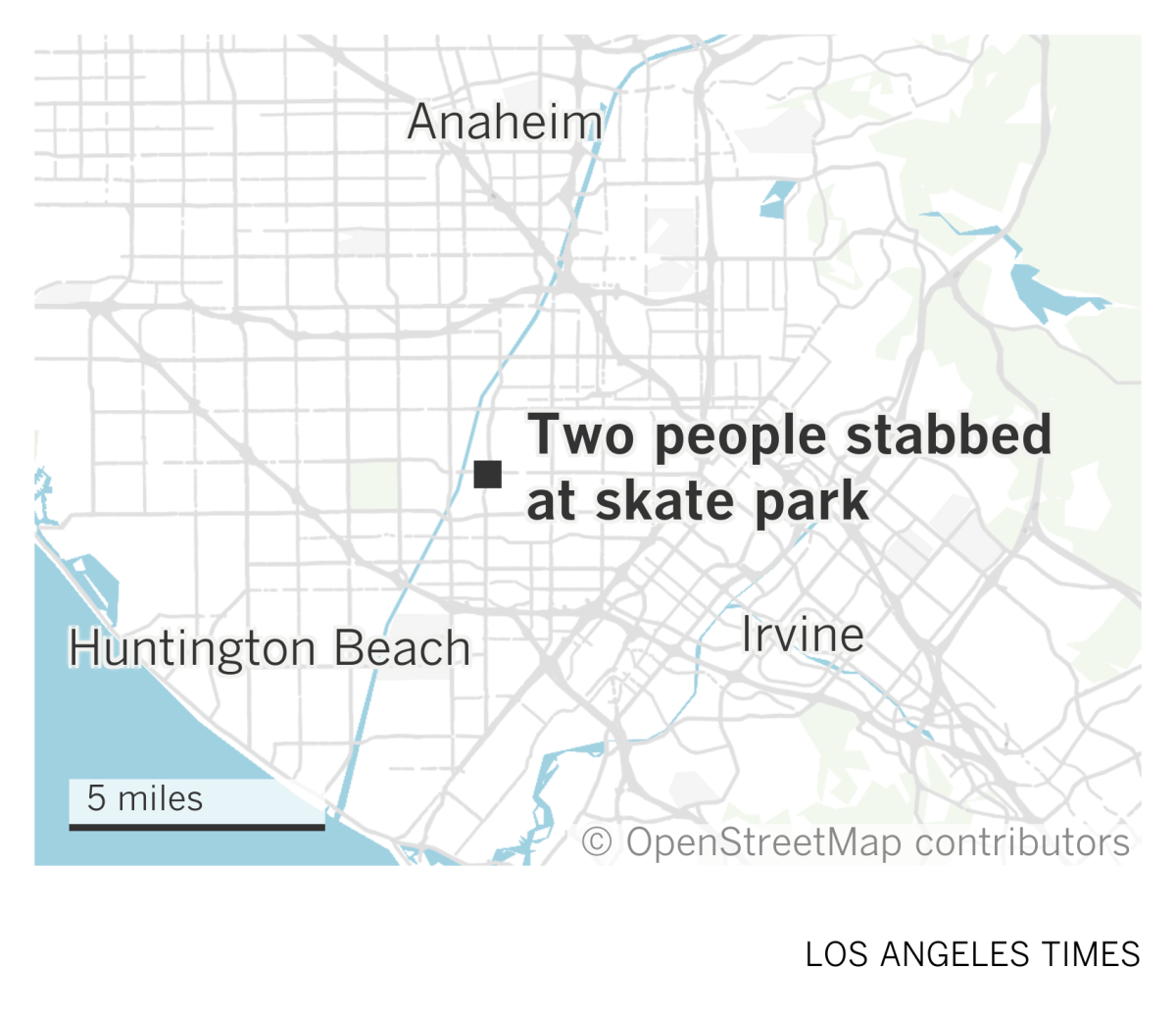 A map of Orange County showing where two people were stabbed at a skate park in Santa Ana