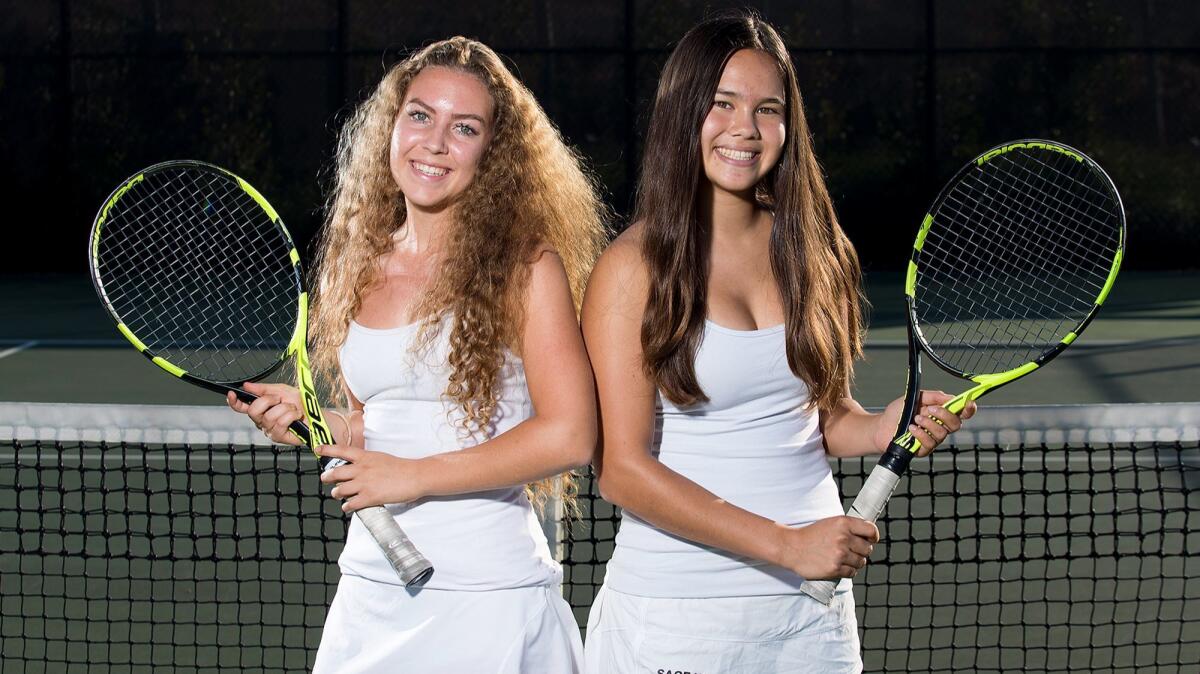 The Sage Hill School girls' tennis doubles team of Nicole Condas, left, and Michelle Hung finished the season with an 18-4 record.