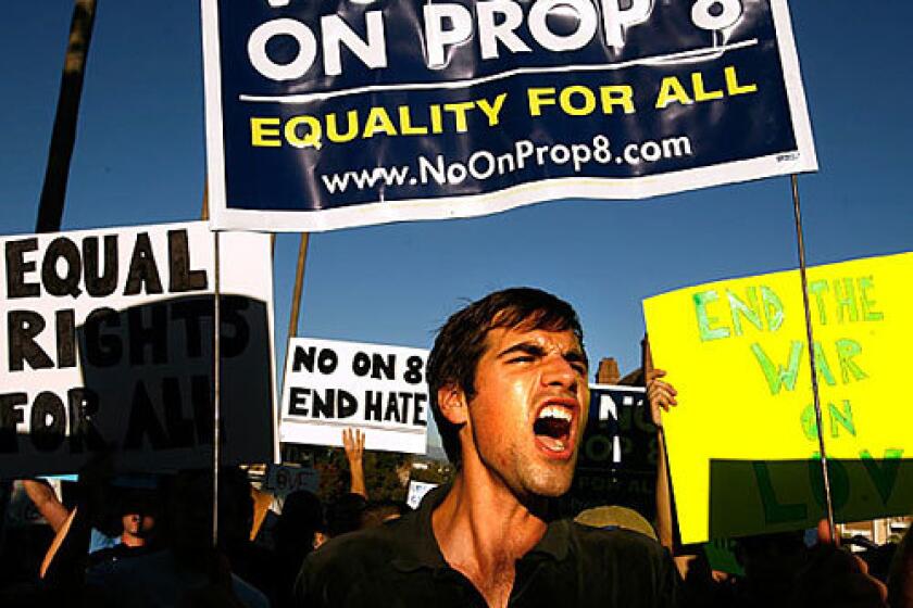 Matthew McKelligon of Los Angeles protests Proposition 8 in front of the Mormon temple in Westwood.