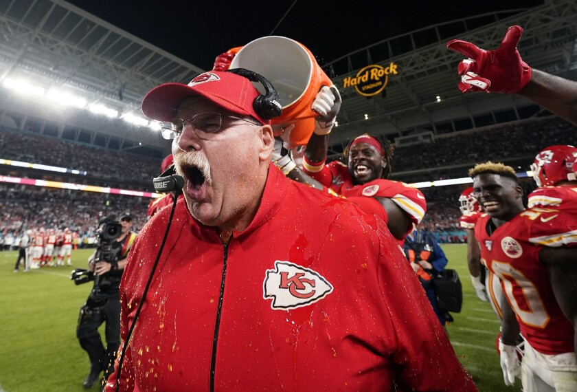 Chiefs head coach Andy Reid reacts as he is doused following Kansas City’s 31-20 Super Bowl victory over the San Francisco 49ers.