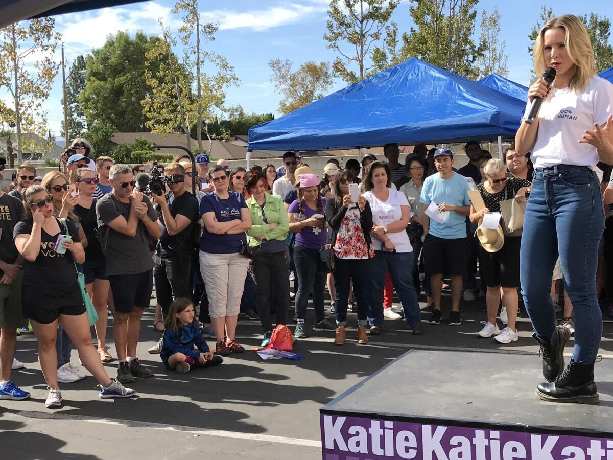 Kristen Bell speaks to volunteers for Katie Hill in Simi Valley