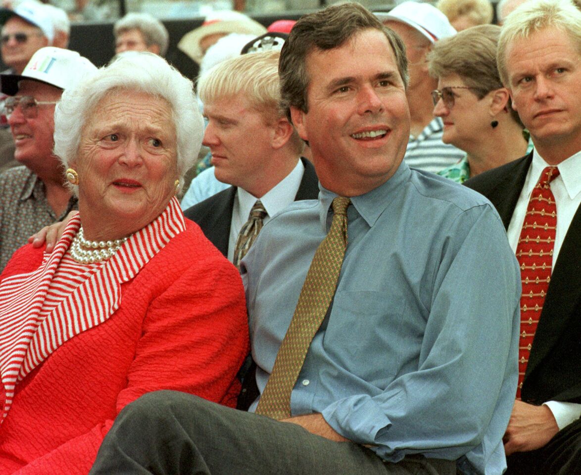 Barbara Bush and son Jeb at a political rally for his Florida gubernatorial campaign at the Sun City Center in Hillsborough, Fla., on Oct. 21, 1998.