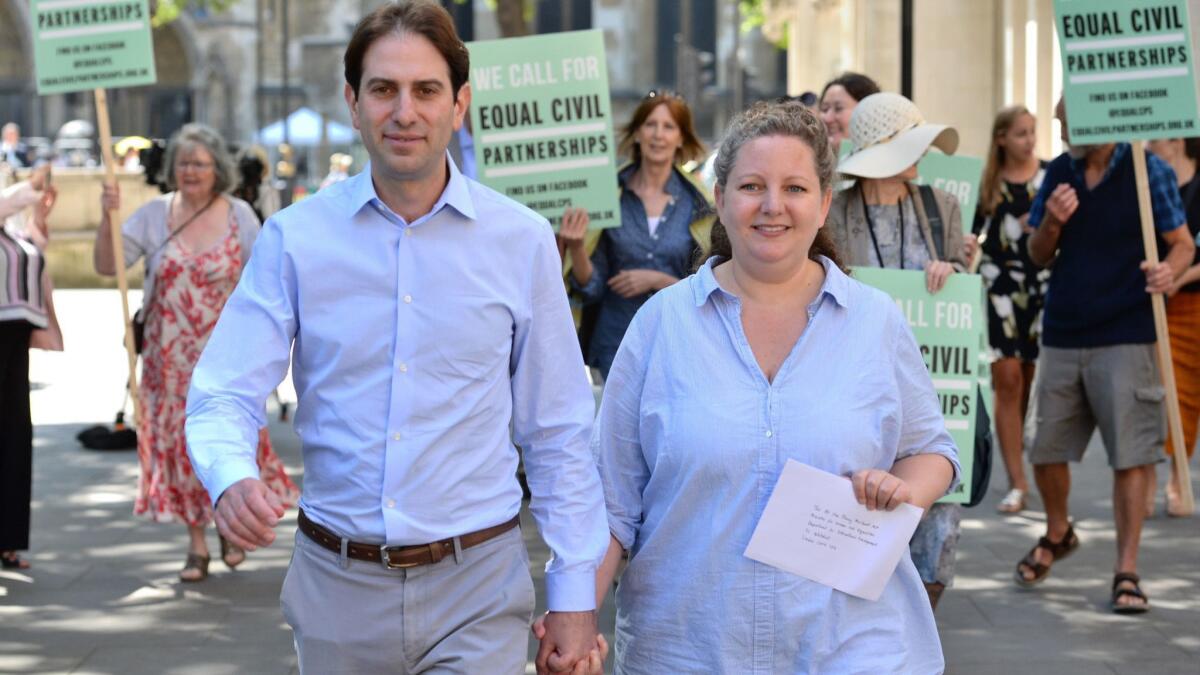 Rebecca Steinfeld and Charles Keidan outside the Supreme Court in London on June 27, 2018.
