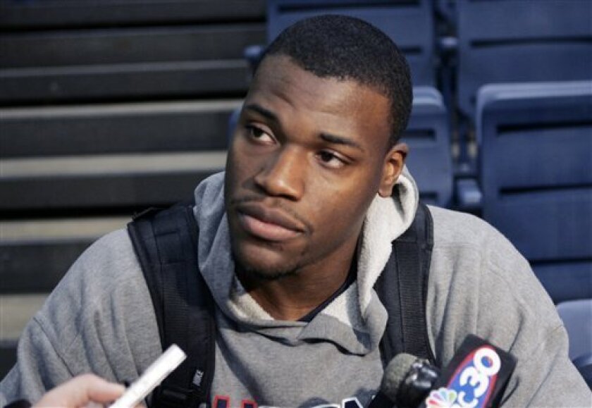 Connecticut's Jeff Adrien listens to a question after practice in Storrs, Conn., Monday, March 30, 2009. Adrien and his teammates will play Michigan on Saturday, March 4, 2009 in a semifinal game in the NCAA Men's Basketball Championship. (AP Photo/Bob Child)
