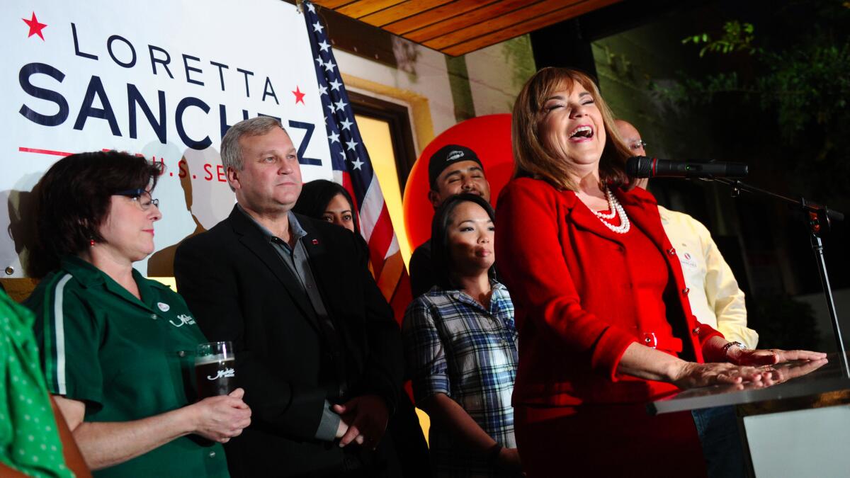 U.S. Senate candidate Loretta Sanchez speaks to supporters during her election night gathering at the Anaheim Brewery in Anaheim.