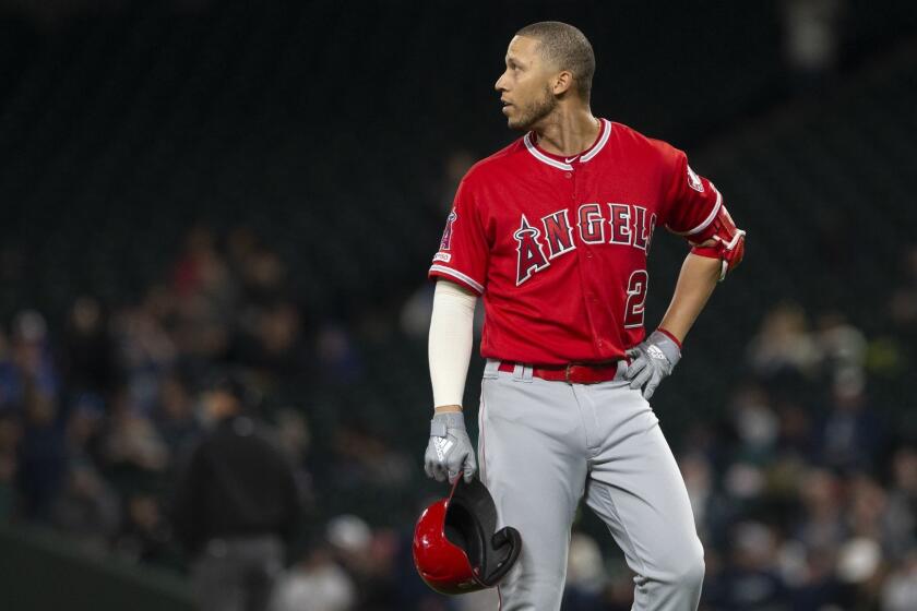 SEATTLE, WA - APRIL 01: Andrelton Simmons #2 of the Los Angeles Angels of Anaheim reacts after flying out on a diving catch in the left field corner by Domingo Santana of the Seattle Mariners in the third inning at T-Mobile Park on April 1, 2019 in Seattle, Washington. (Photo by Lindsey Wasson/Getty Images) ** OUTS - ELSENT, FPG, CM - OUTS * NM, PH, VA if sourced by CT, LA or MoD **