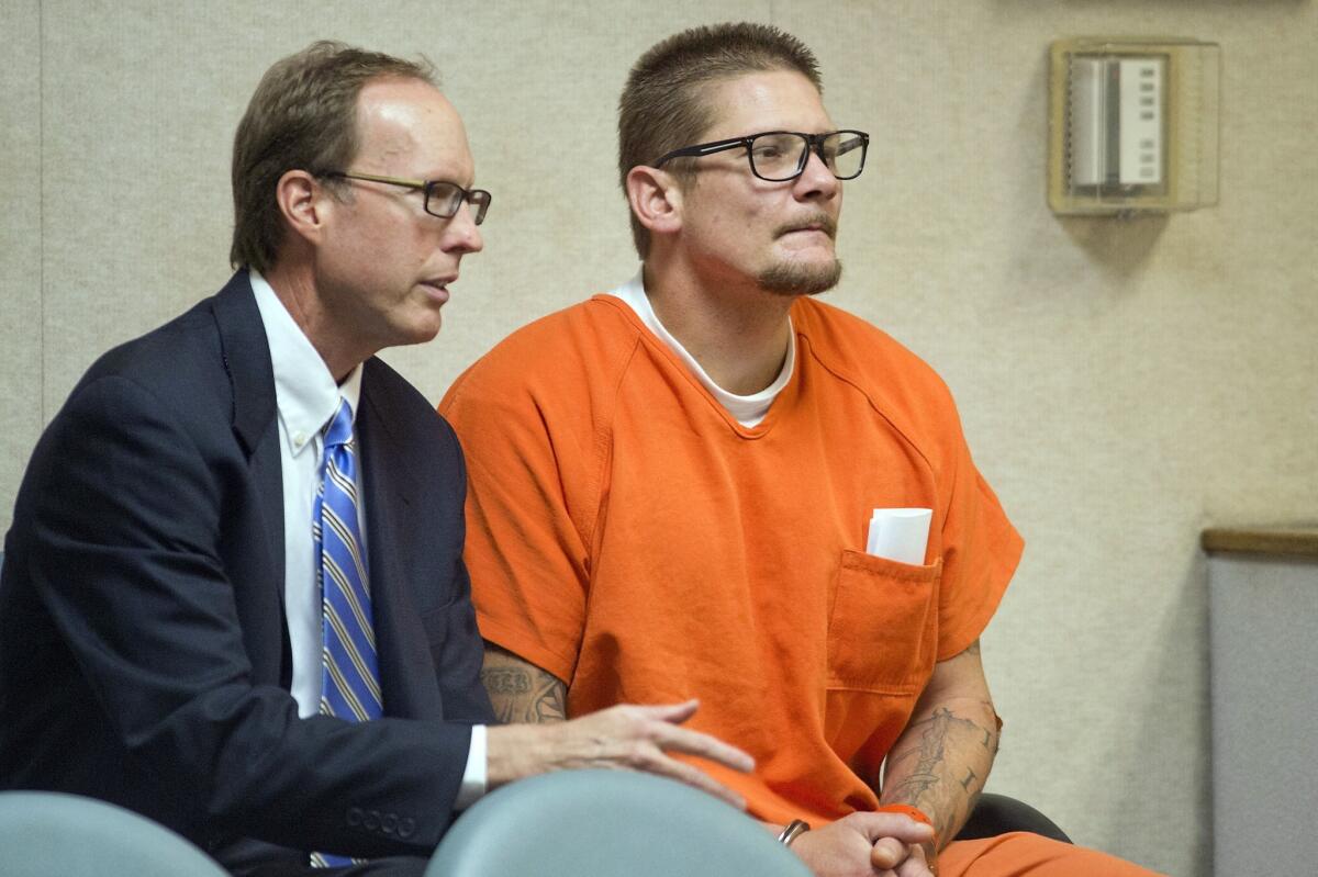 Defense attorney William Dittman and King fire arson suspect Wayne Allen Huntsman appear at Huntsman's arraignment in El Dorado County Superior Court in Placerville on Friday.