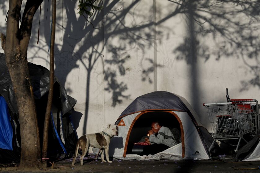 LOS ANGELES, CA MAY 31, 2018: A pit bull named Caesar WATCHES OVER Old Man Mike, as he sits inside a small tent eating on Broadway Place and 39th Street Los Angeles, CA MAY 31, 2018. Old Man Mike is a not a full time resident on the sidewalk. He stays occasionally. (*Editors Note: Contact photo editor Mary Cooney should you have any questions. Please do not use this image for other stories. This image is for a future project by writer Tom Curwen.) (Francine Orr/ Los Angeles Times)