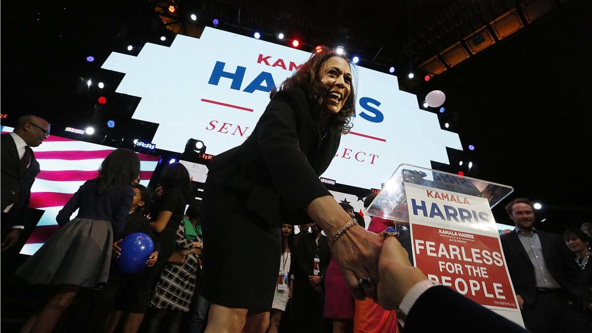 Kamala Harris takes the stage at her election night party Tuesday night in downtown Los Angeles hours after winning California's U.S. Senate election.