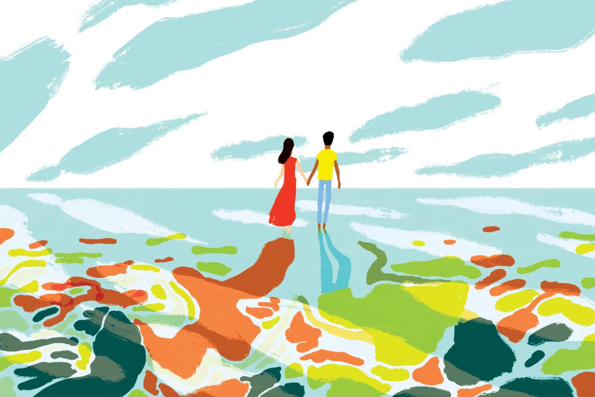 An illustration of a couple holding hands as they wade into the ocean.