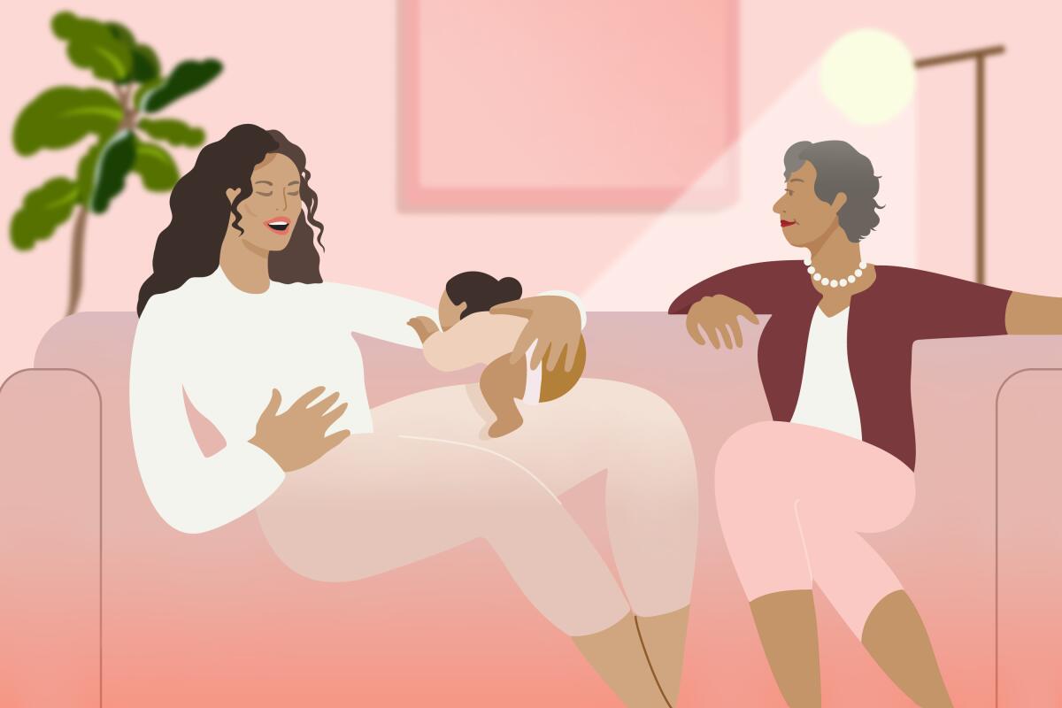 An illustration shows a young woman on a couch with a baby in her arms and an older woman sitting next to her.