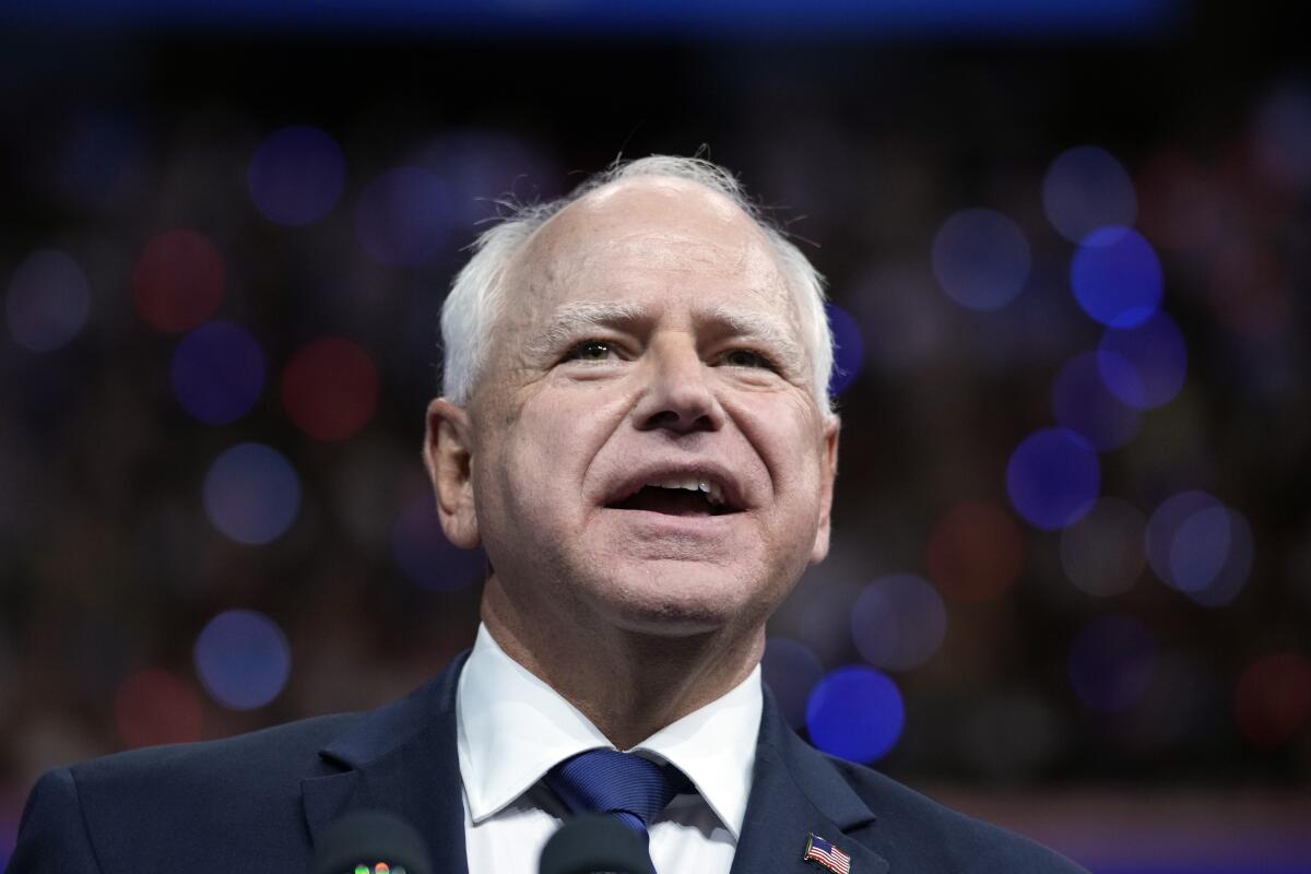 Democratic vice presidential nominee Minnesota Gov. Tim Walz attends a campaign rally in Philadelphia.