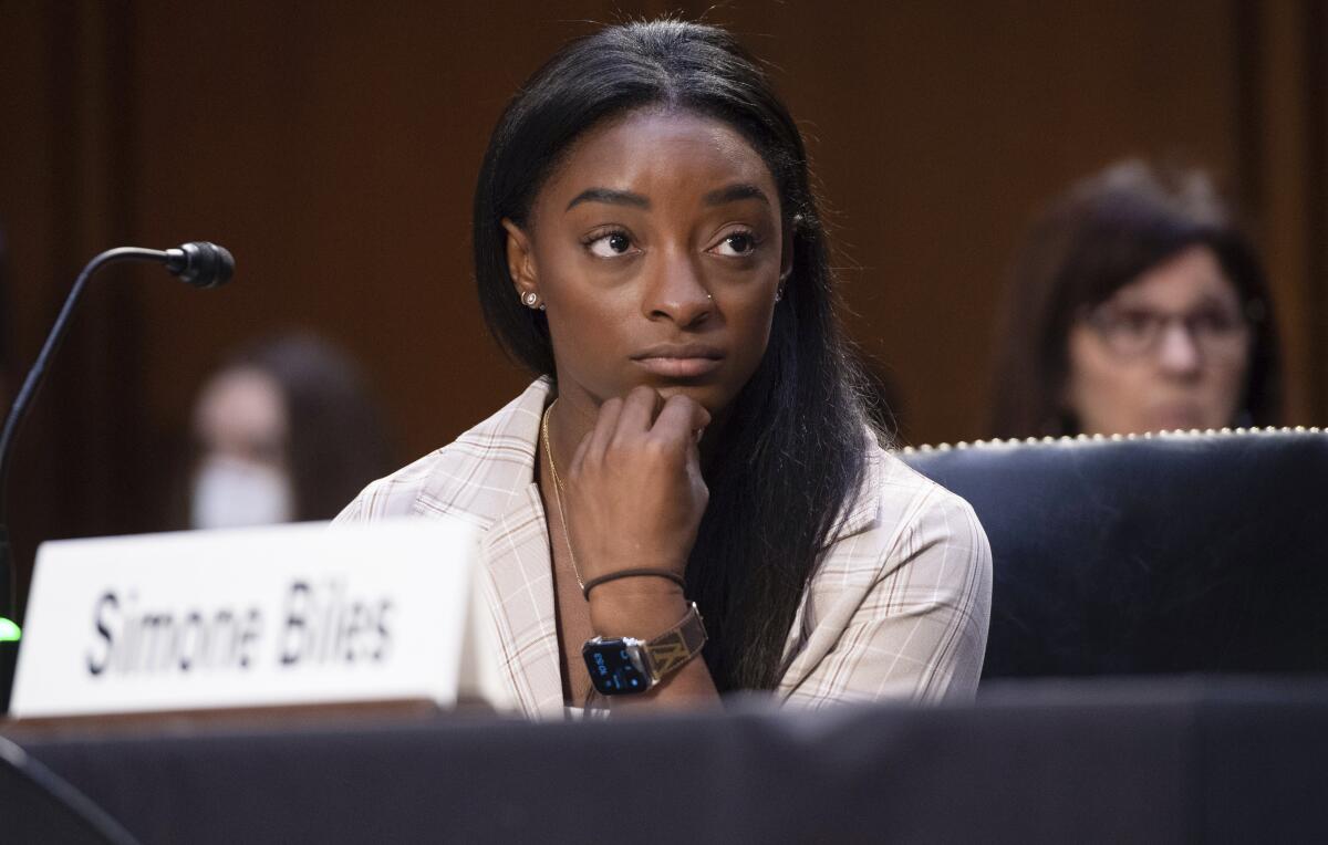 U.S. gymnast Simone Biles testifies during a Senate Judiciary Committee hearing