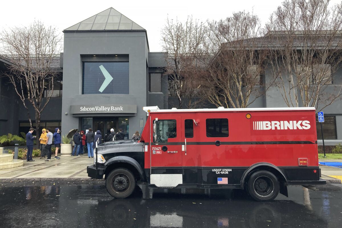 A Brinks truck is parked outside of Silicon Valley Bank in Santa Clara on March 10. 
