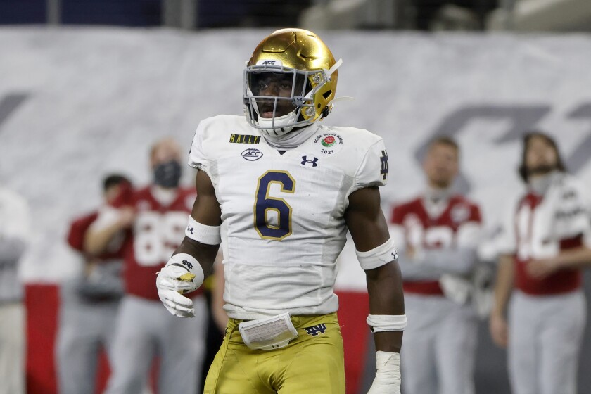 Notre Dame linebacker Jeremiah Owusu-Koramoah plays against Alabama.