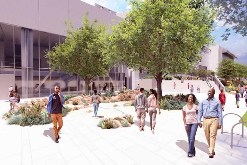 A digital rendering shows people walking through a landscaped plaza before a building with glassy walls.