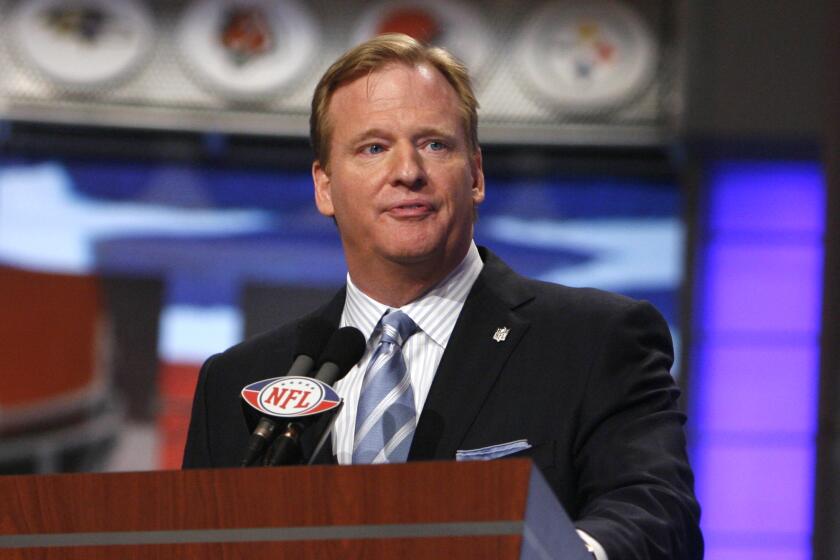 NFL commissioner Roger Goodell on stage at Radio City Music Hall during the 2008 NFL draft.