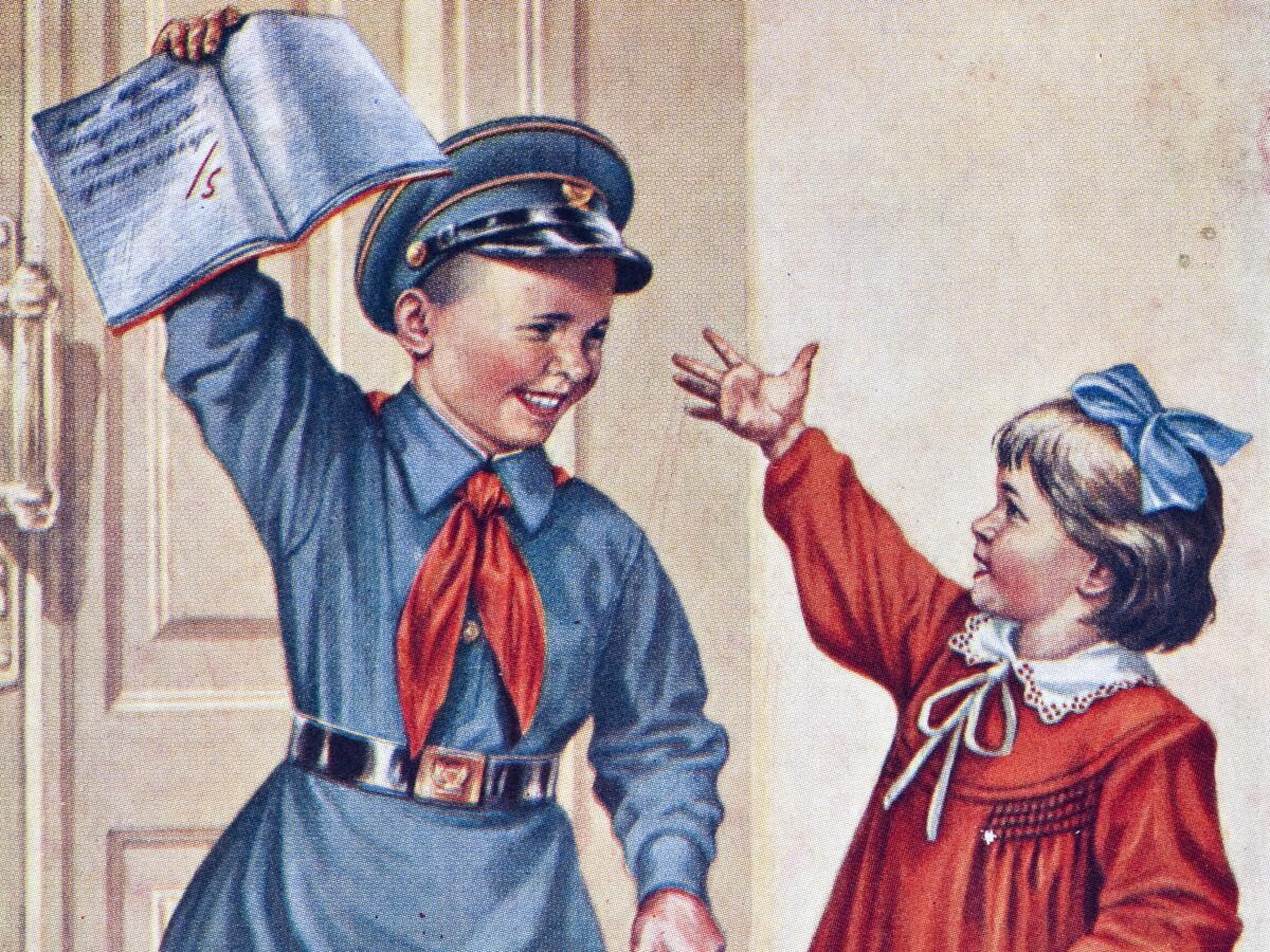 A 1960s illustration of a Soviet child dressed in Young Pioneer outfit with a young girl