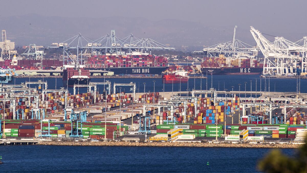 A logjam of container ships at the Port of Los Angeles