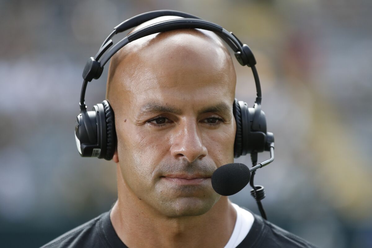New York Jets head coach Robert Saleh is seen during the first half of a preseason NFL football game against the Green Bay Packers Saturday, Aug. 21, 2021, in Green Bay, Wis. (AP Photo/Matt Ludtke)
