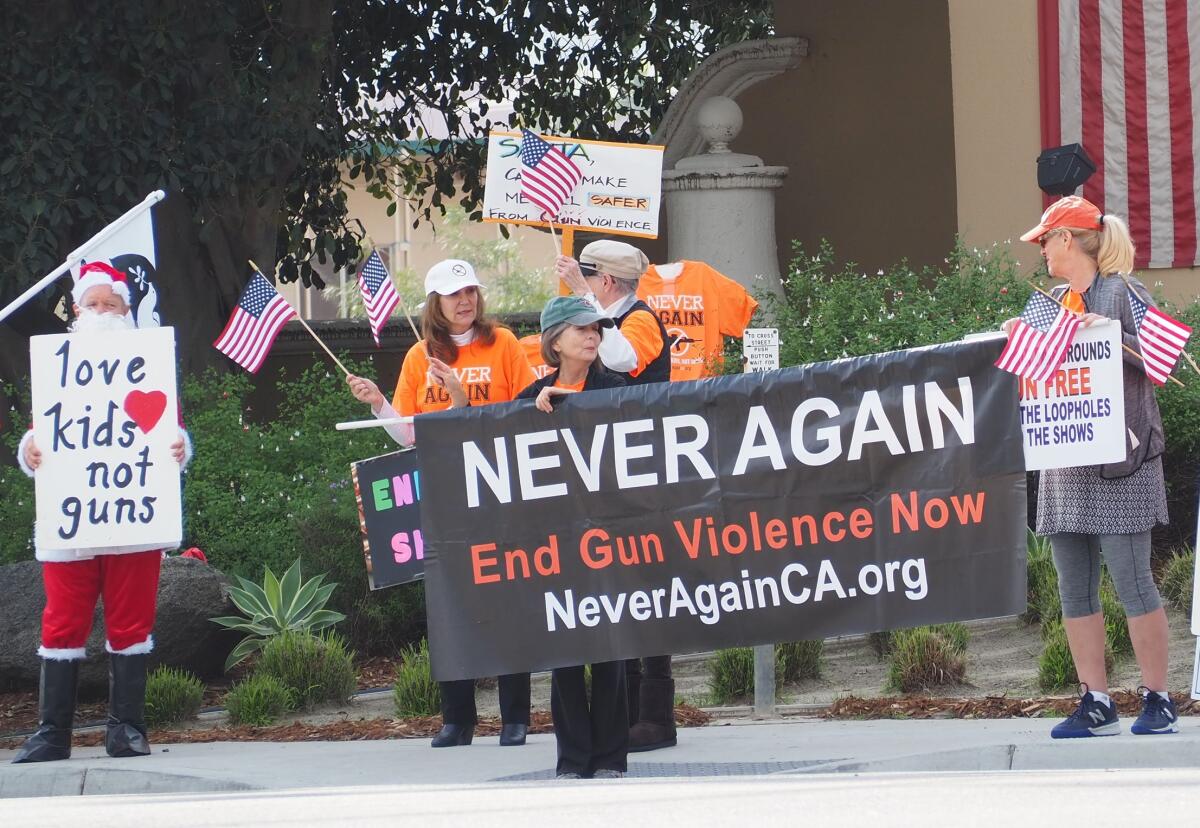 Gun show protesters gathered in front of the Del Mar Fairgrounds on Dec. 14.