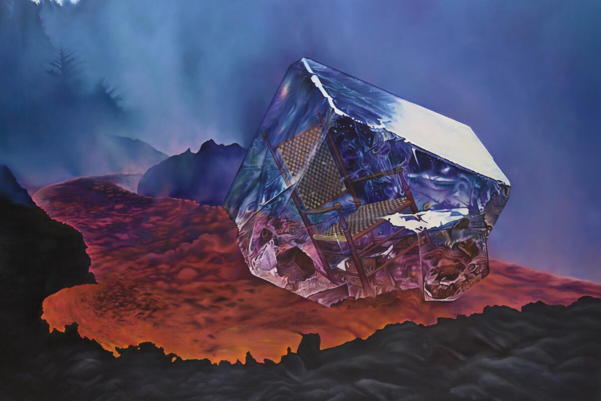 A large crystal with a chair embedded into it floats along an otherworldly river of lava.