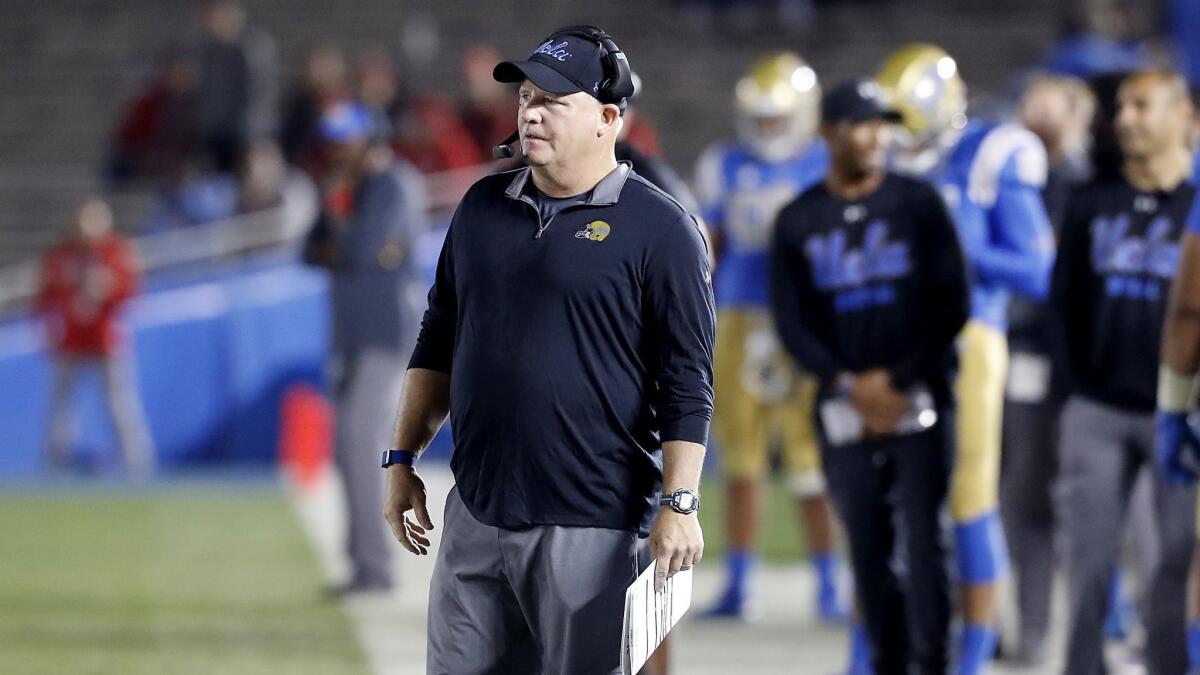 UCLA head coach Chip Kelly watches his Bruins football team go down in defeat against Utah in the closing moments of the fourth quarter on Oct. 26, 2018, at the Rose Bowl.