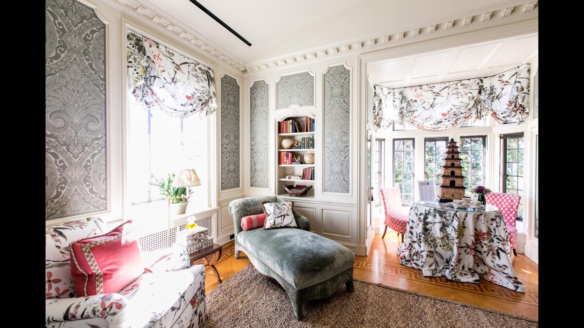 Layers of color, texture and pattern highlight the Nina Campbell-designed bedroom suite for Mr. Doheny. The chaise longue is by O Henry House.