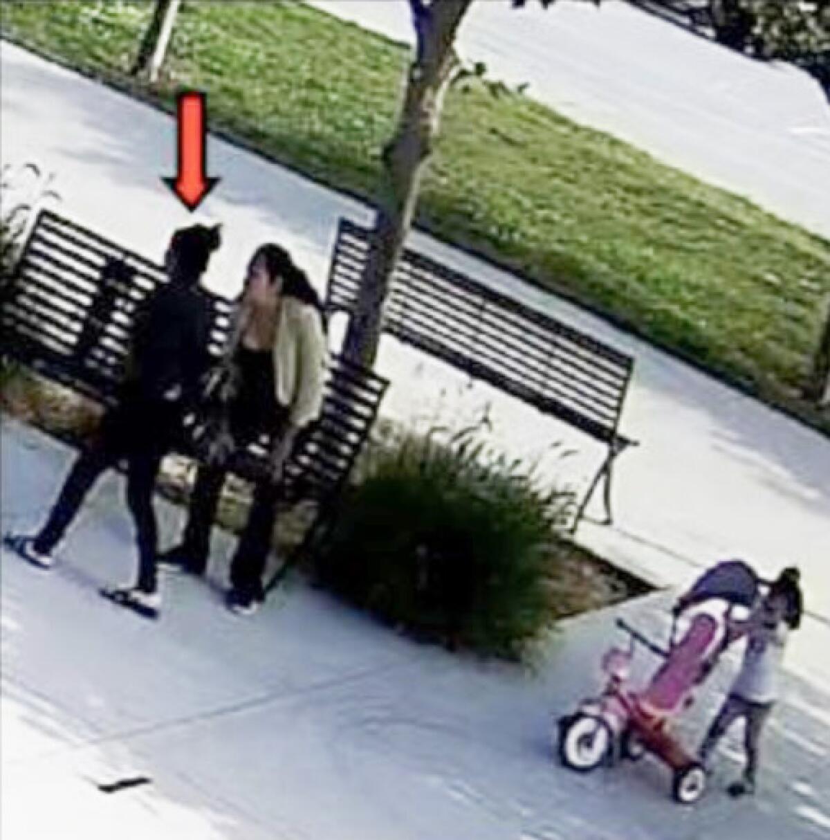 Two women stand in front of a park bench to the left of girl pushing a pink toy stroller.