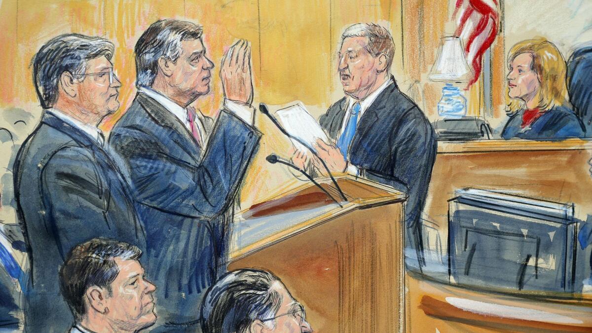 A courtroom sketch shows former Donald Trump campaign chairman Paul Manafort, center, and defense lawyer Richard Westling, left, appearing before U.S. District Judge Amy Berman Jackson at federal court in Washington, D.C., on Friday.