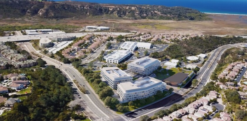 A rendering of the new Torrey View life science campus on the corner of El Camino Real and Carmel Mountain Road.