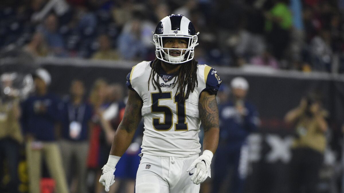Rams linebacker Dakota Allen looks on during a game.
