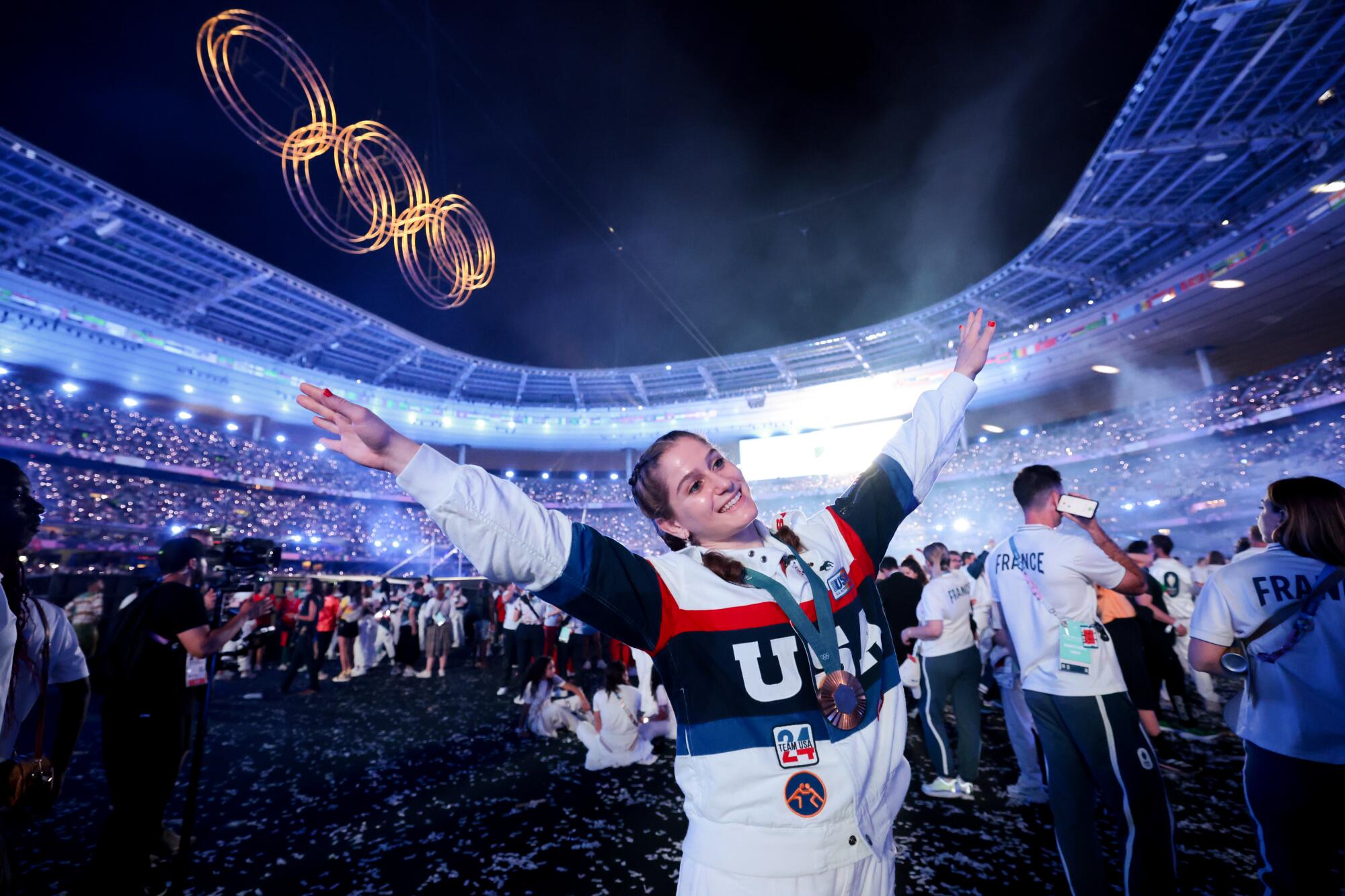 Team USA gold medalist wrestler Amit Elor at Stade de France. Elor won in the 68 kilogram division of women's freestyle.