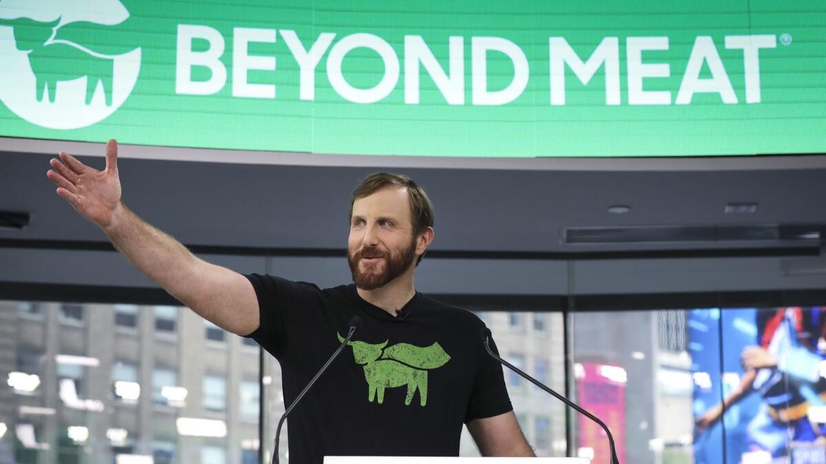 Beyond Meat CEO Ethan Brown speaks before ringing the opening bell May 2 at Nasdaq in New York City.
