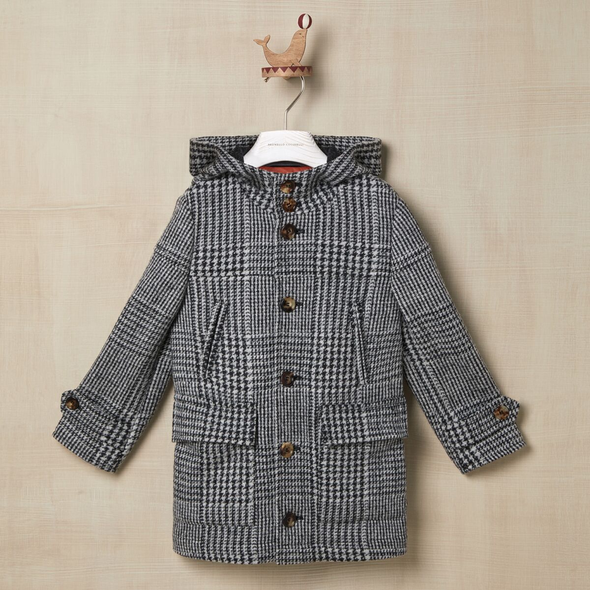 Wool Prince of Wales jersey coat for boys.