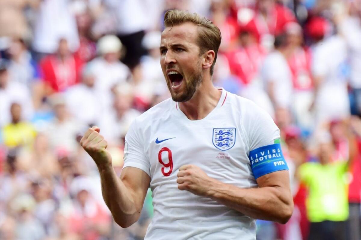 England forward Harry Kane celebrates after scoring his team's fifth goal during a Group G match against Panama on June 24.