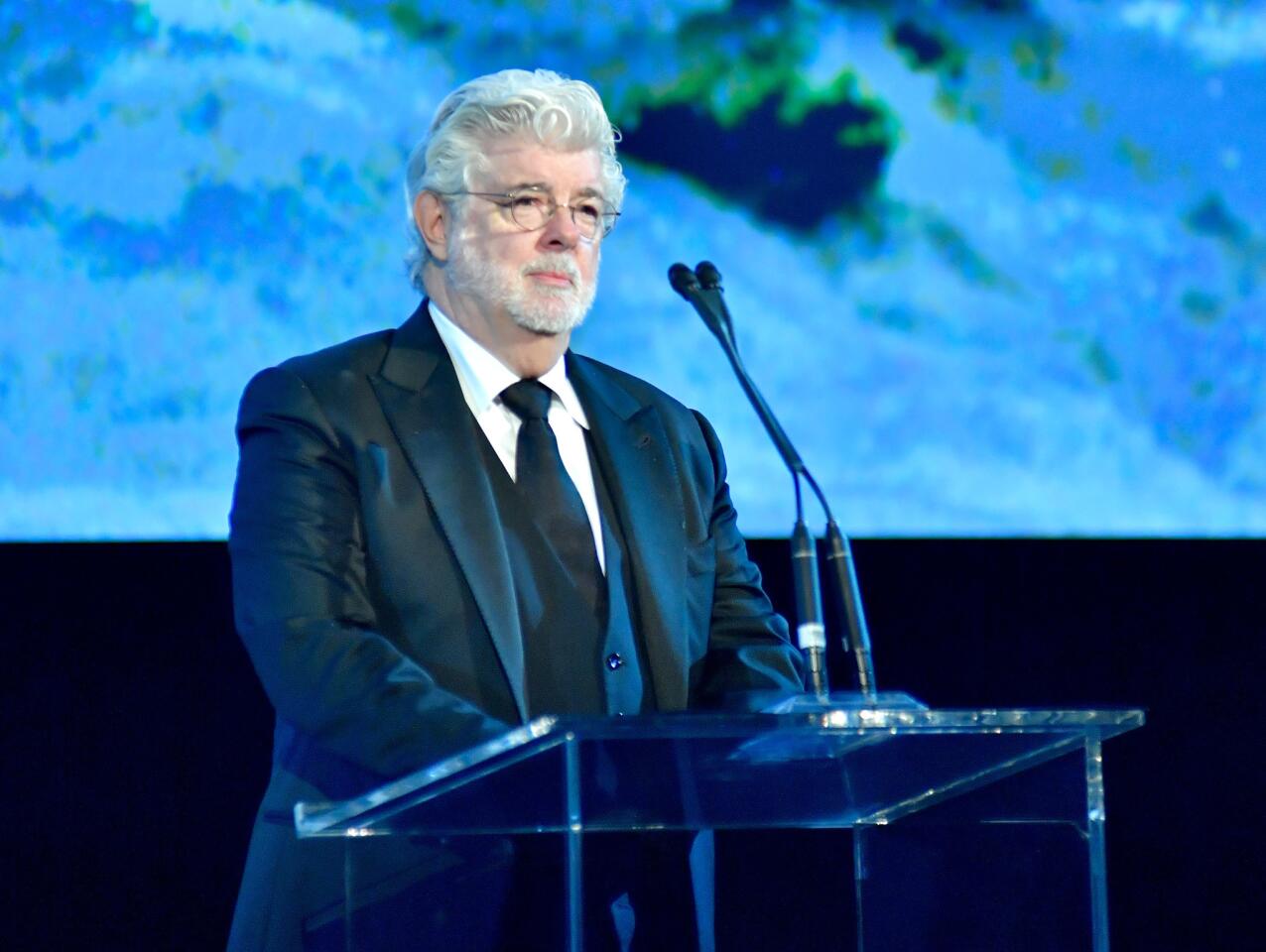 Honoree George Lucas accepts an award during the 2017 LACMA Art + Film Gala Honoring Mark Bradford and George Lucas at LACMA in Los Angeles.