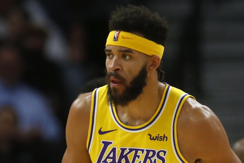 Los Angeles Lakers' JaVale McGee plays against the Minnesota Timberwolves in the first half of an NBA basketball game Monday, Oct. 29, 2018, in Minneapolis. (AP Photo/Jim Mone)