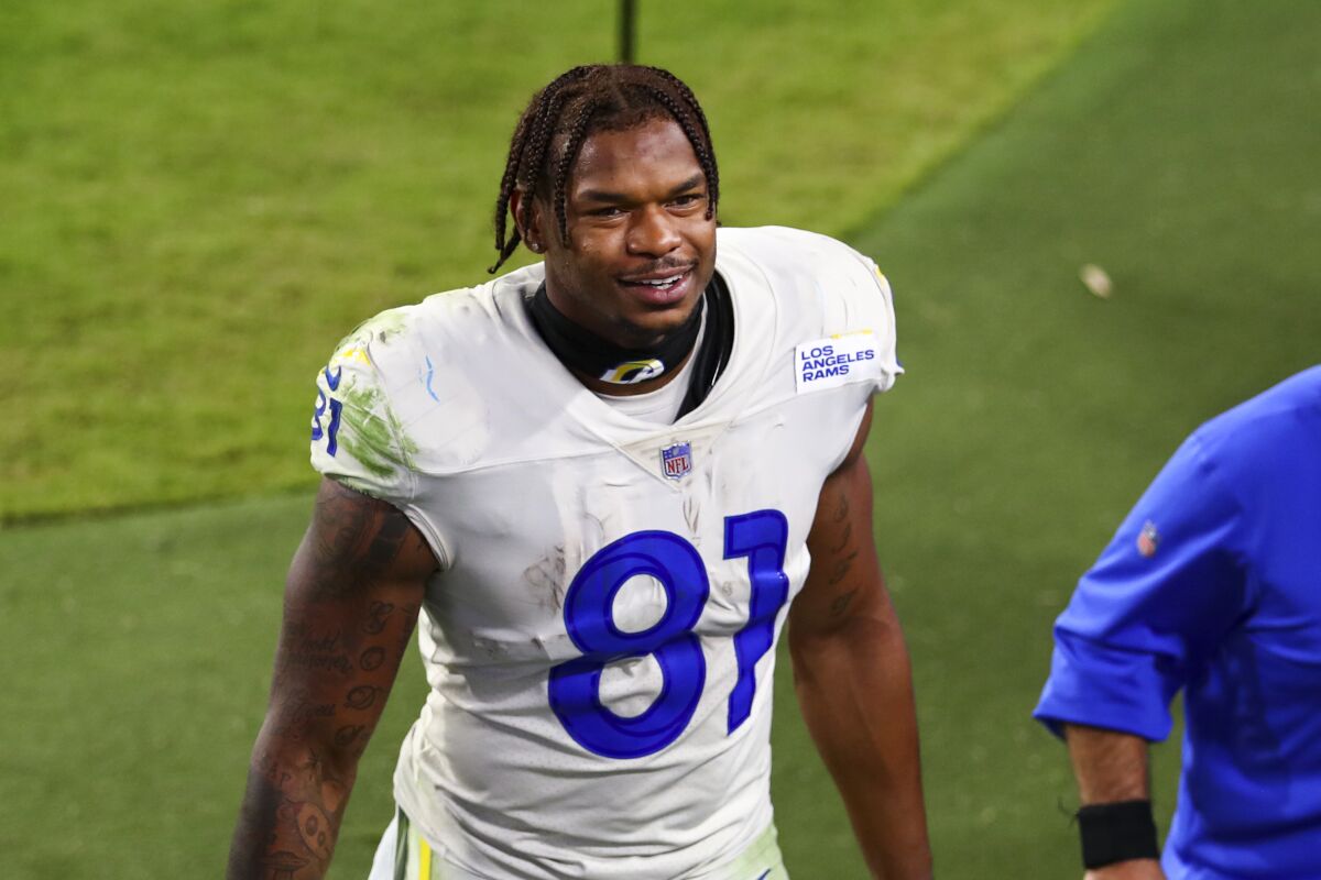Gerald Everett smiles after a Rams win over the Tampa Bay Buccaneers in November 2020.
