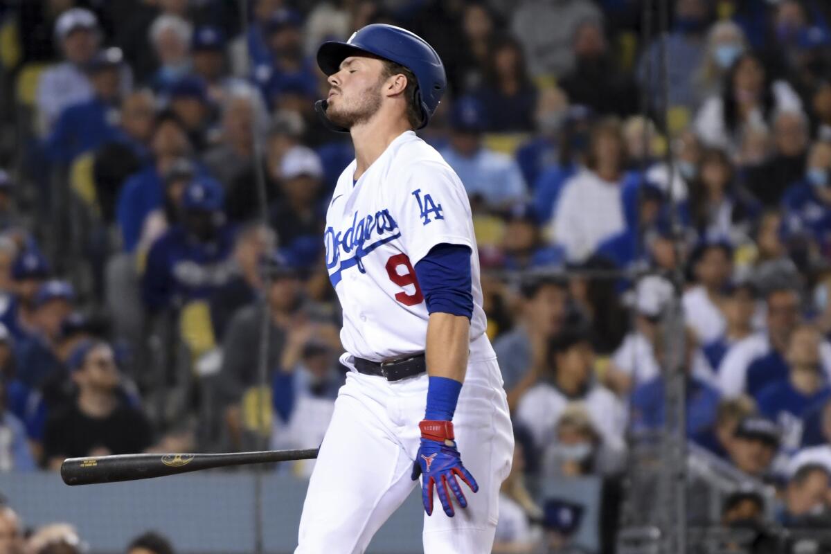 Dodgers center fielder Gavin Lux reacts after striking out in the fifth inning Wednesday.