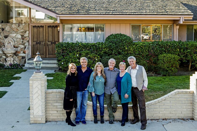 Six surviving "Brady Bunch" cast members, the children in the series, gather in front of the Studio City home used for the cult hitâs exterior shots. Brady Bunch cast left to right Maureen McCormick/Marcia Brady, Christopher Knight/Peter Brady, Susan Olsen/Cindy Brady, Mike Lookinland/Bobby Brady, Eve Plumb/Jan Brady, and Barry Williams/Greg Brady, in front of the original Brady House in Studio City, Calif., as seen on "A Very Brady Renovation."