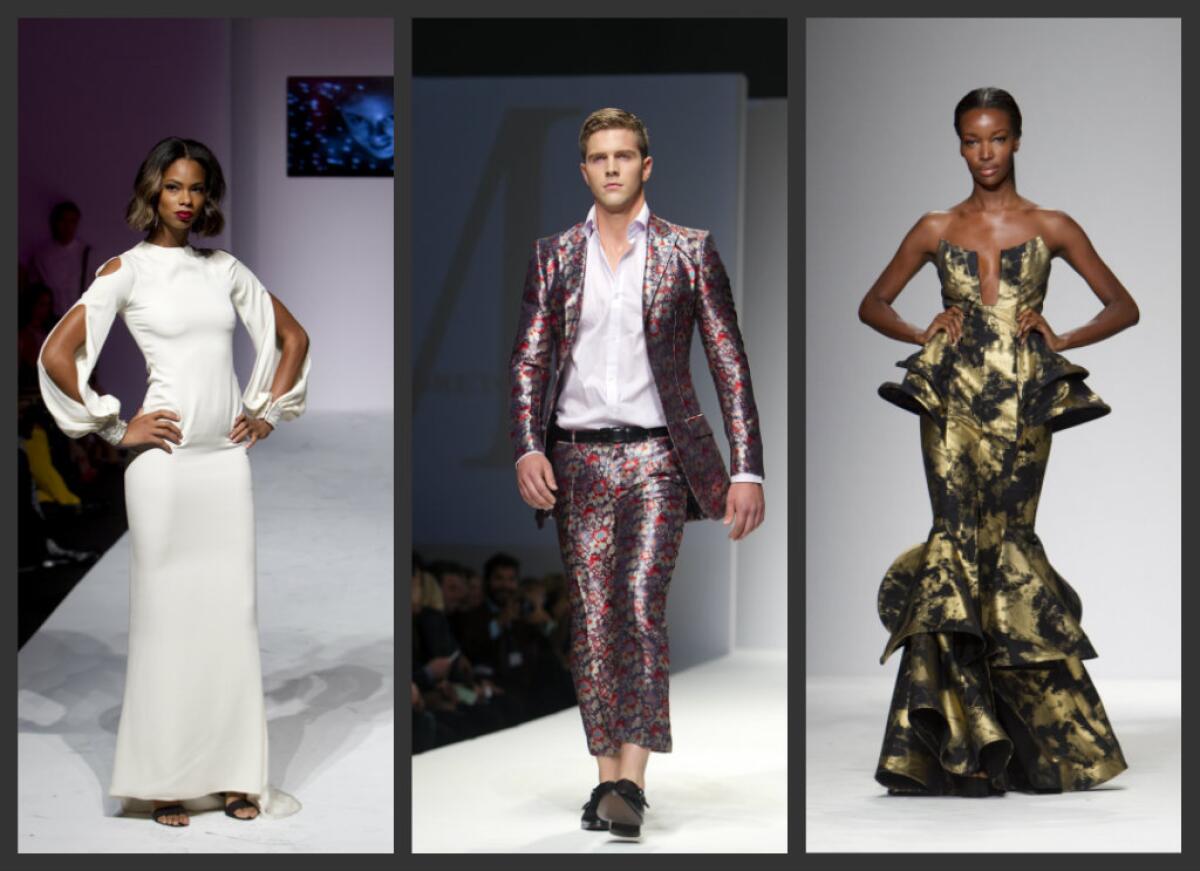 From left, an off-white gown with cut-out sleeves and crystal cuffs from Ina Soltani; Malan Breton's floral suit with cropped trousers; and Michael Costello's gold and black metallic mermaid gown.