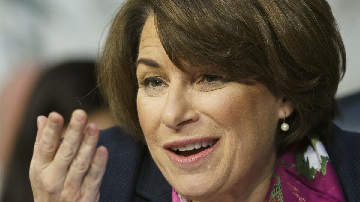 Senate Judiciary Committee member Sen. Amy Klobuchar (D-Minn.) questions attorney general nominee William Barr during a hearing in January.