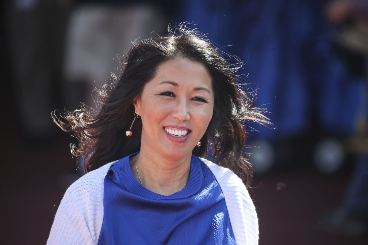 FILE - Buffalo Bills owner Kim Pegula smiles before an NFL football game against the Washington Football Team Sunday, Sept. 26, 2021, in Orchard Park, N.Y. Buffalo Bills and Sabres co-owner Kim Pegula is receiving medical care from what her family on Tuesday, June 14, 2022, described as being “some unexpected health issues.”(AP Photo/Jeffrey T. Barnes, File)