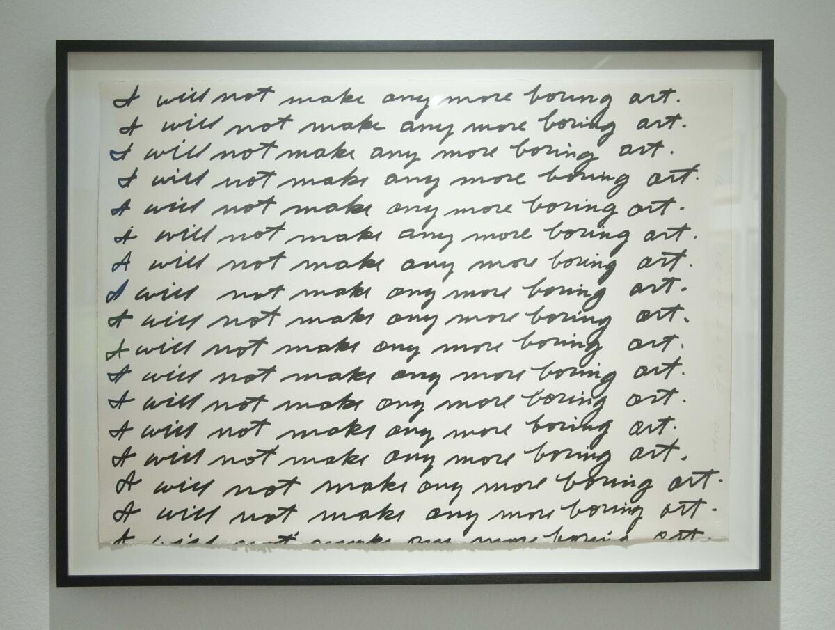 A print of John Baldessari's "I Will Not Make Any More Boring Art."
