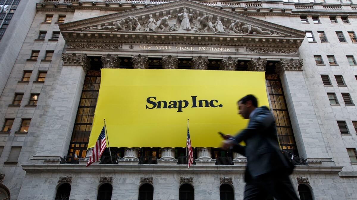 A Snap sign adorns the front of the New York Stock Exchange in March 2017, when the company had its IPO.